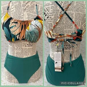 CALIA Botanical Print Sea Green Bikini Scrunched Tie Back & Hi Waisted Bottoms M